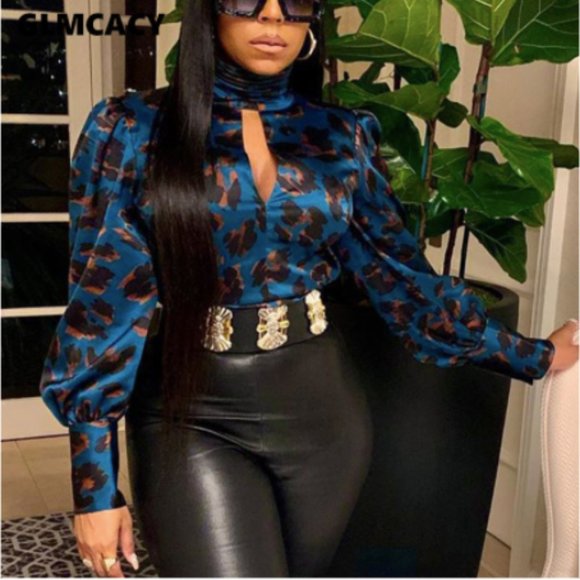Tops - Blue Leopard Print Turtle Neck Keyhole Blouse